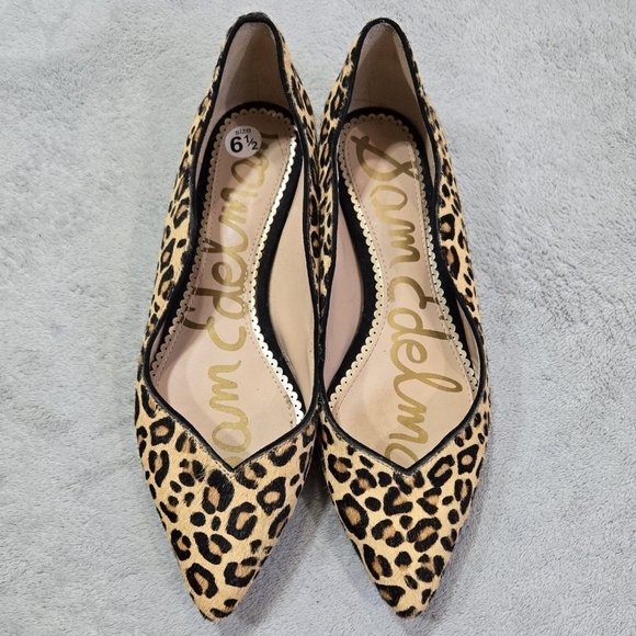 Sam Edelman Riza Cow Hair Leather Leopard Print Scalloped Pointed Toe Flats - Picture 2 of 11